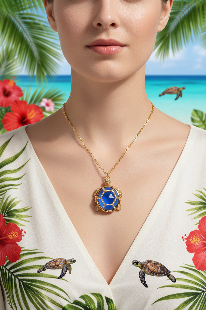 Gold-tone turtle pendant necklace with blue resin charm on fine chain.