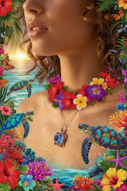 Gold-tone turtle pendant necklace with blue resin center charm and chain.