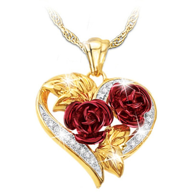 Love Heart Red Rose Flower Necklace