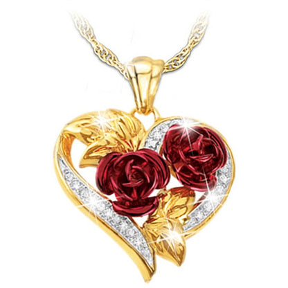 Love Heart Red Rose Flower Necklace