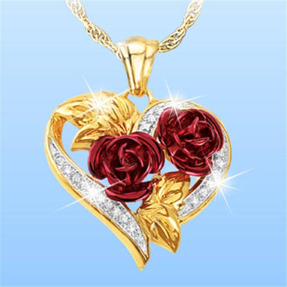 Love Heart Red Rose Flower Necklace