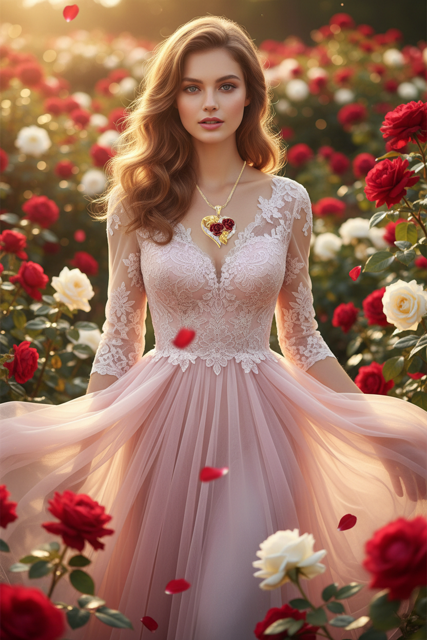 Gold heart rose pendant necklace with red rose centerpiece on lace bodice