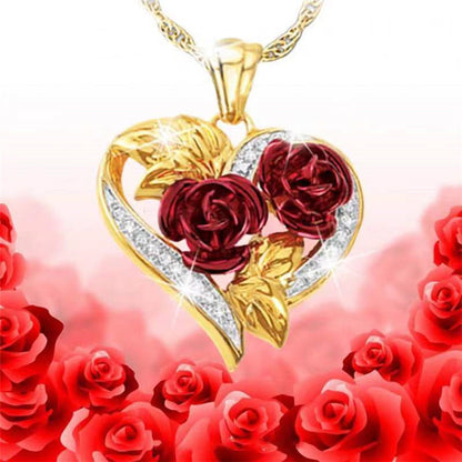 Love Heart Red Rose Flower Necklace