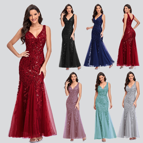 New Dress Sexy Long Skirt Sleeveless V-Neck Embroidered Sequins Slim Fishtail Bridesmaid Evening Dress Women