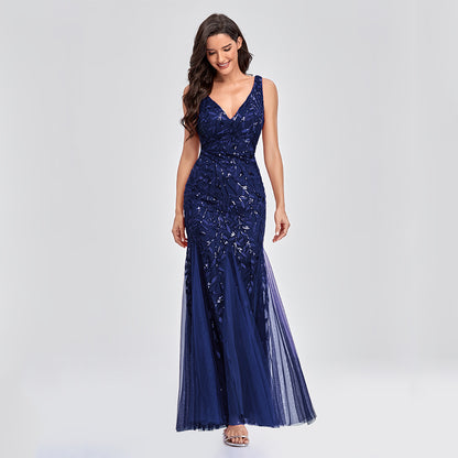 New Dress Sexy Long Skirt Sleeveless V-Neck Embroidered Sequins Slim Fishtail Bridesmaid Evening Dress Women