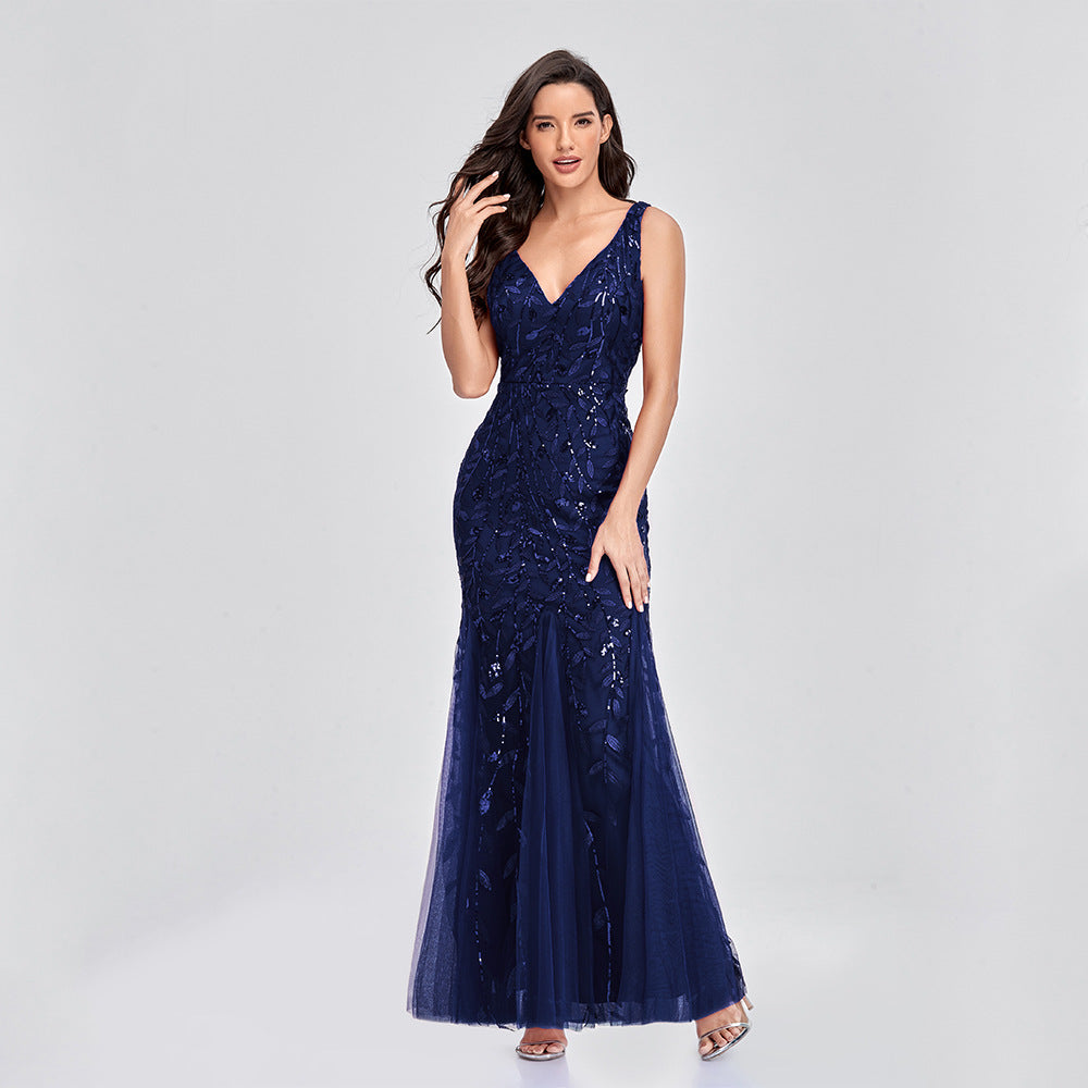 New Dress Sexy Long Skirt Sleeveless V-Neck Embroidered Sequins Slim Fishtail Bridesmaid Evening Dress Women