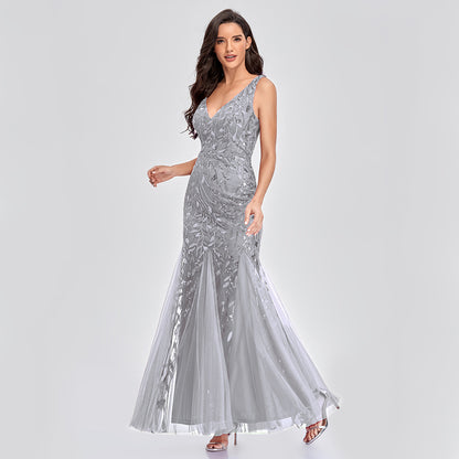 New Dress Sexy Long Skirt Sleeveless V-Neck Embroidered Sequins Slim Fishtail Bridesmaid Evening Dress Women