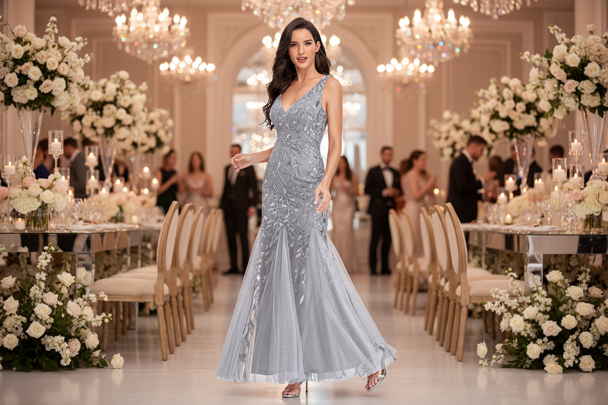 Gray sequined V-neck sleeveless evening dress with fitted bodice and fishtail hem
