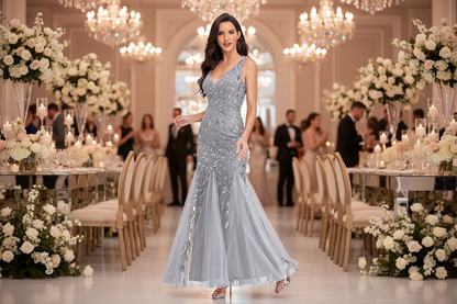 Gray sequined V-neck sleeveless evening dress with fitted bodice and fishtail hem