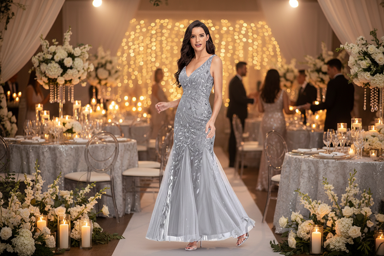 Silver-gray sequined V-neck sleeveless evening dress with fitted bodice and fishtail hem