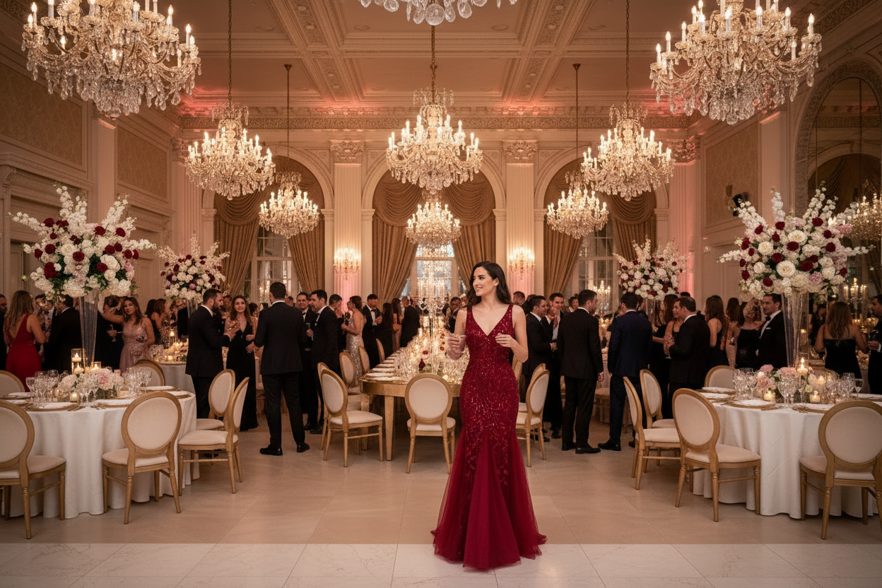 Burgundy sequined V-neck sleeveless evening dress with fitted bodice and fishtail silhouette