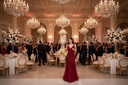 Burgundy sequined V-neck sleeveless evening dress with fitted bodice and fishtail silhouette