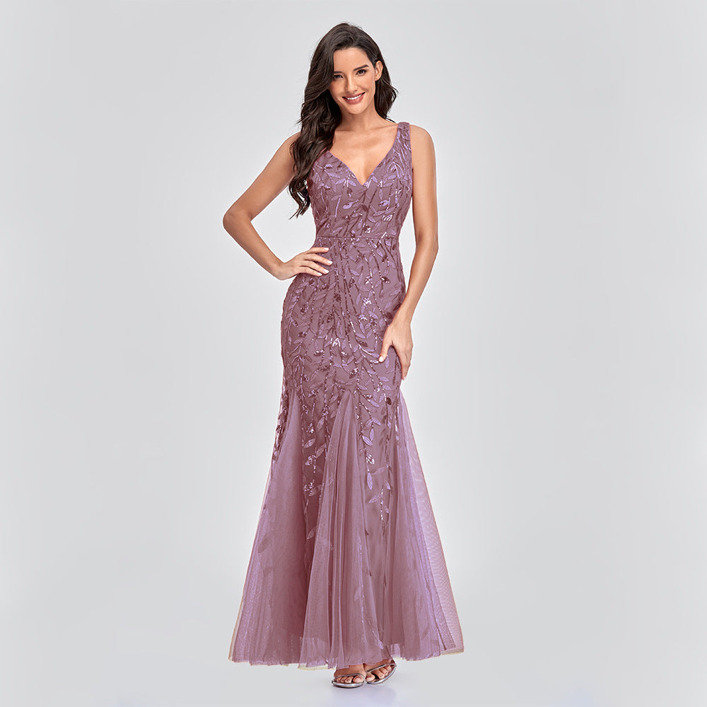 New Dress Sexy Long Skirt Sleeveless V-Neck Embroidered Sequins Slim Fishtail Bridesmaid Evening Dress Women