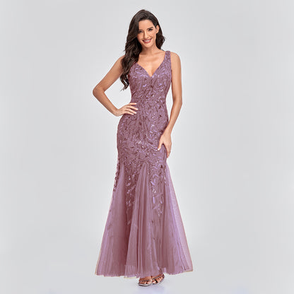 New Dress Sexy Long Skirt Sleeveless V-Neck Embroidered Sequins Slim Fishtail Bridesmaid Evening Dress Women