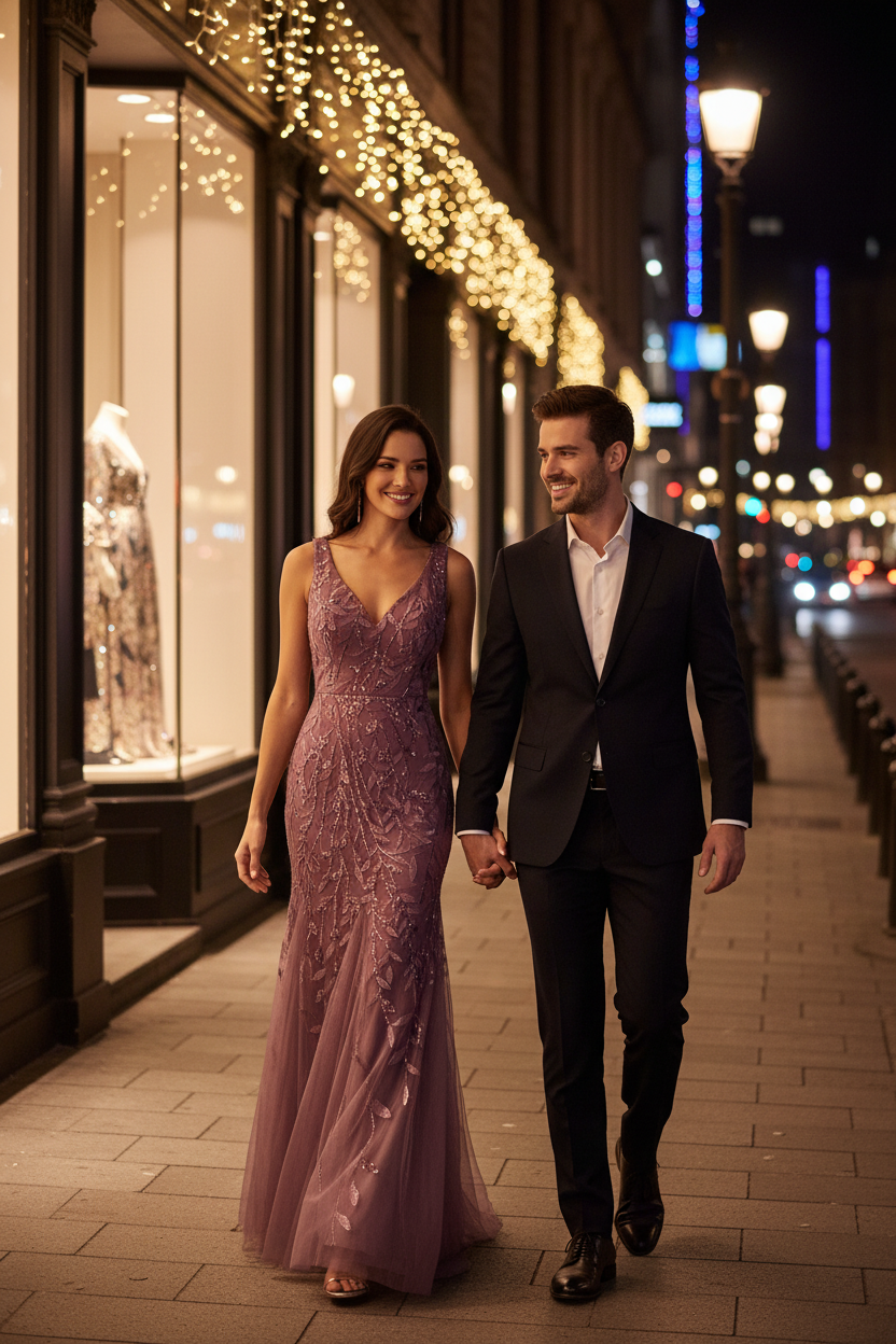 Mauve sequined V-neck sleeveless evening dress with fitted bodice and fishtail skirt