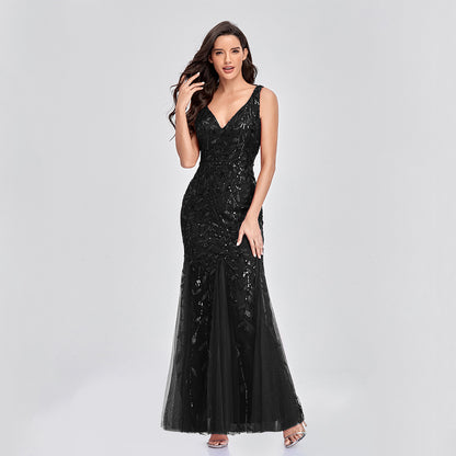 New Dress Sexy Long Skirt Sleeveless V-Neck Embroidered Sequins Slim Fishtail Bridesmaid Evening Dress Women