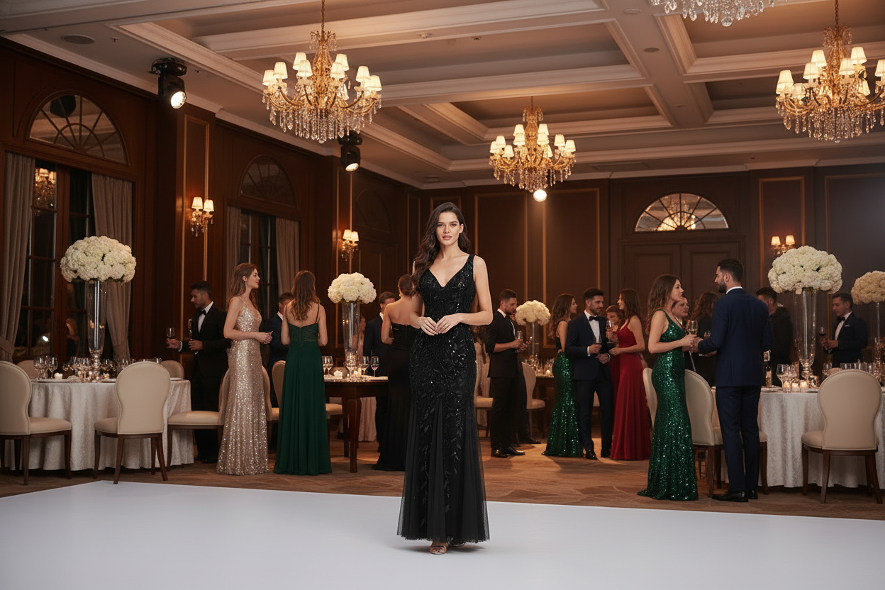 Sequined fishtail evening dress, sleeveless V-neck, black, fitted bodice and long skirt
