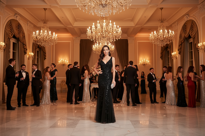 Black sleeveless V-neck sequin evening dress with fitted mermaid fishtail skirt