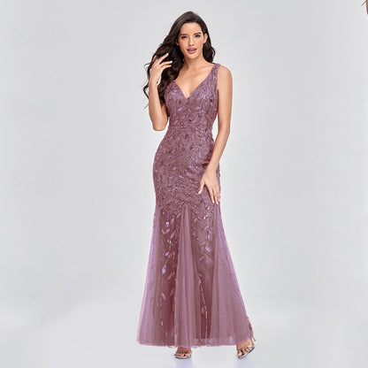 New Dress Sexy Long Skirt Sleeveless V-Neck Embroidered Sequins Slim Fishtail Bridesmaid Evening Dress Women