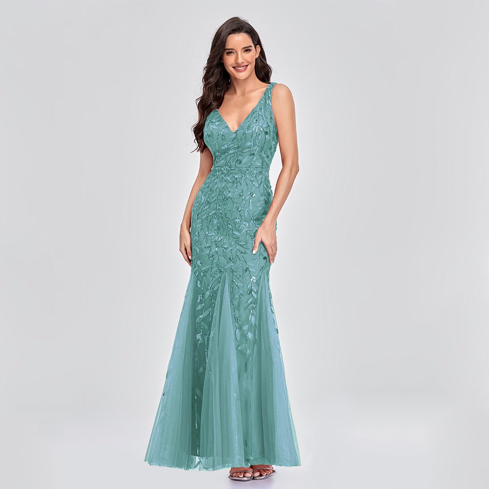 New Dress Sexy Long Skirt Sleeveless V-Neck Embroidered Sequins Slim Fishtail Bridesmaid Evening Dress Women