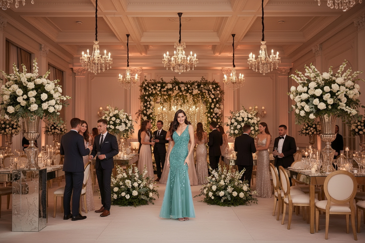 Teal sequined V-neck sleeveless evening dress with fitted bodice and fishtail hem