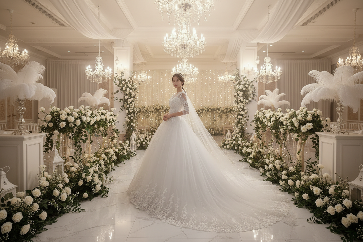 White lace wedding dress in profile, long sleeves, fitted bodice and flowing skirt