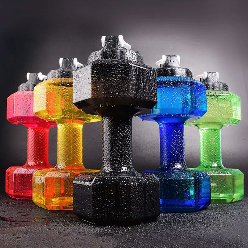 Colorful portable water-injection dumbbells in red, yellow, blue, green with splash