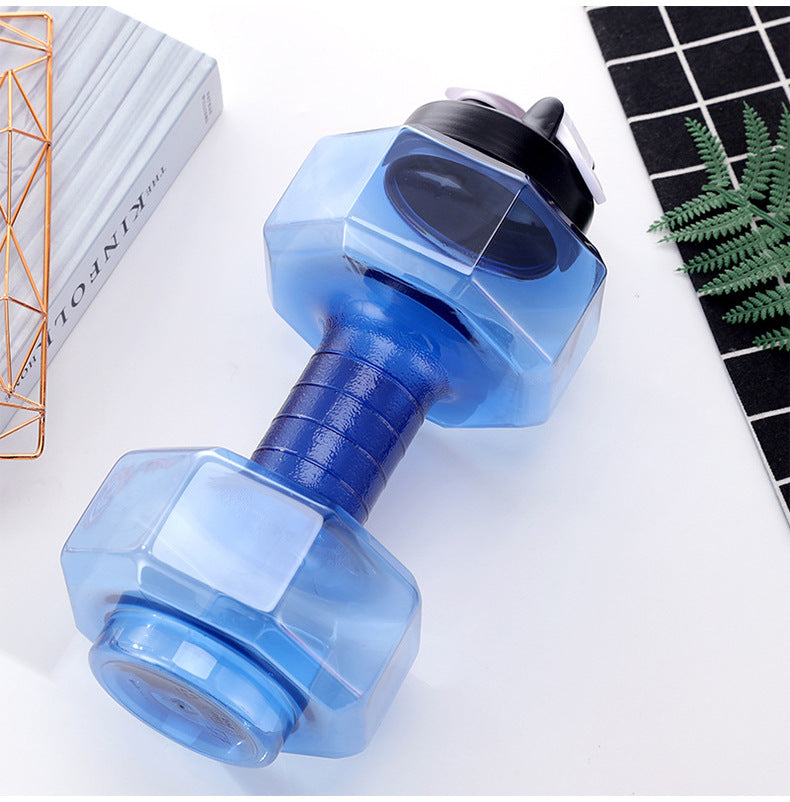 Portable water-injection dumbbell, blue body with textured grip and clear end plates