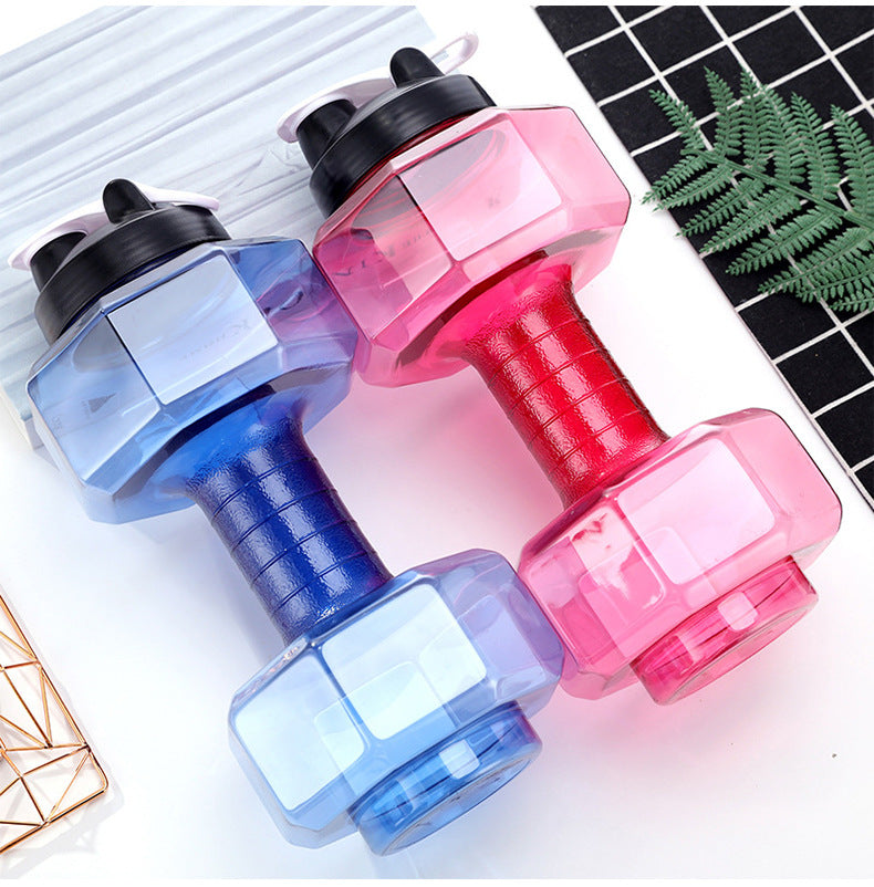 Two portable water-injection dumbbells, blue and pink, clear plates and textured grips