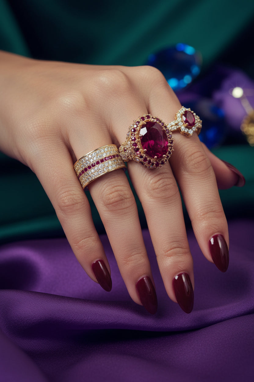 Red gemstone ring with diamond halo and slim pavé bands