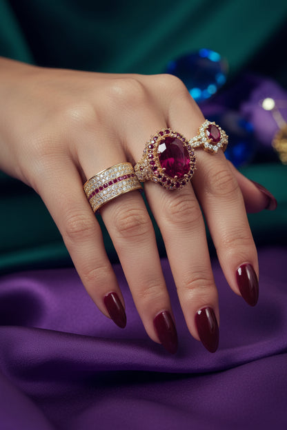 Red gemstone ring with diamond halo and slim pavé bands