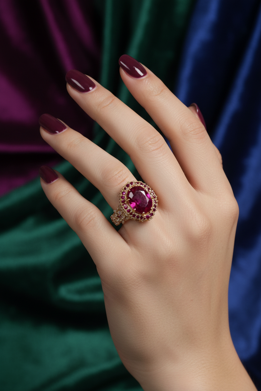 Oval magenta gemstone ring with diamond halo and pavé side band