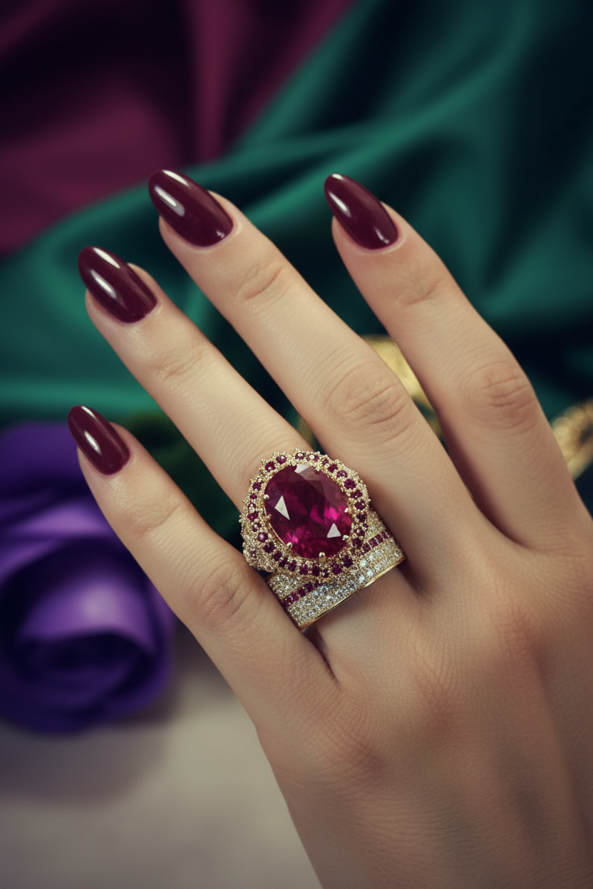 Maroon gemstone ring with ornate diamond halo and textured pavé band