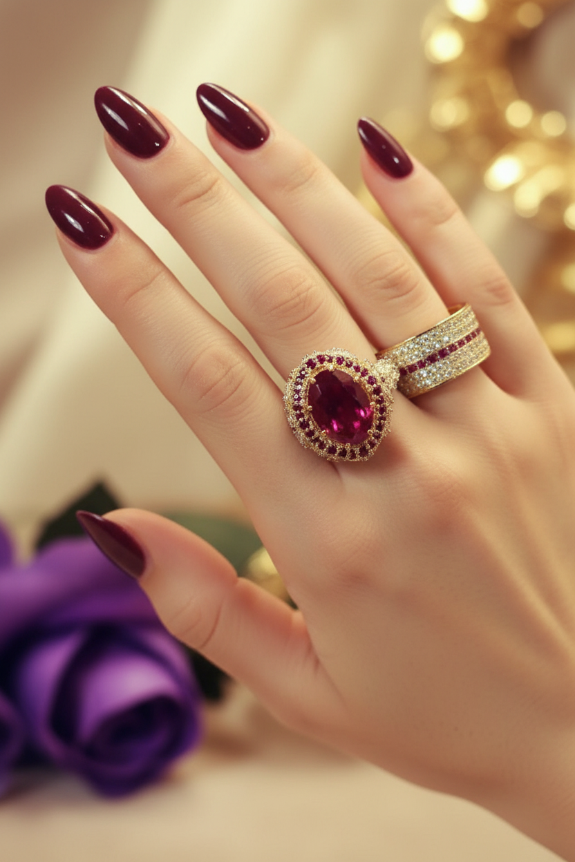 Diamond-style ladies ring with pink-red oval center stone and pavé band