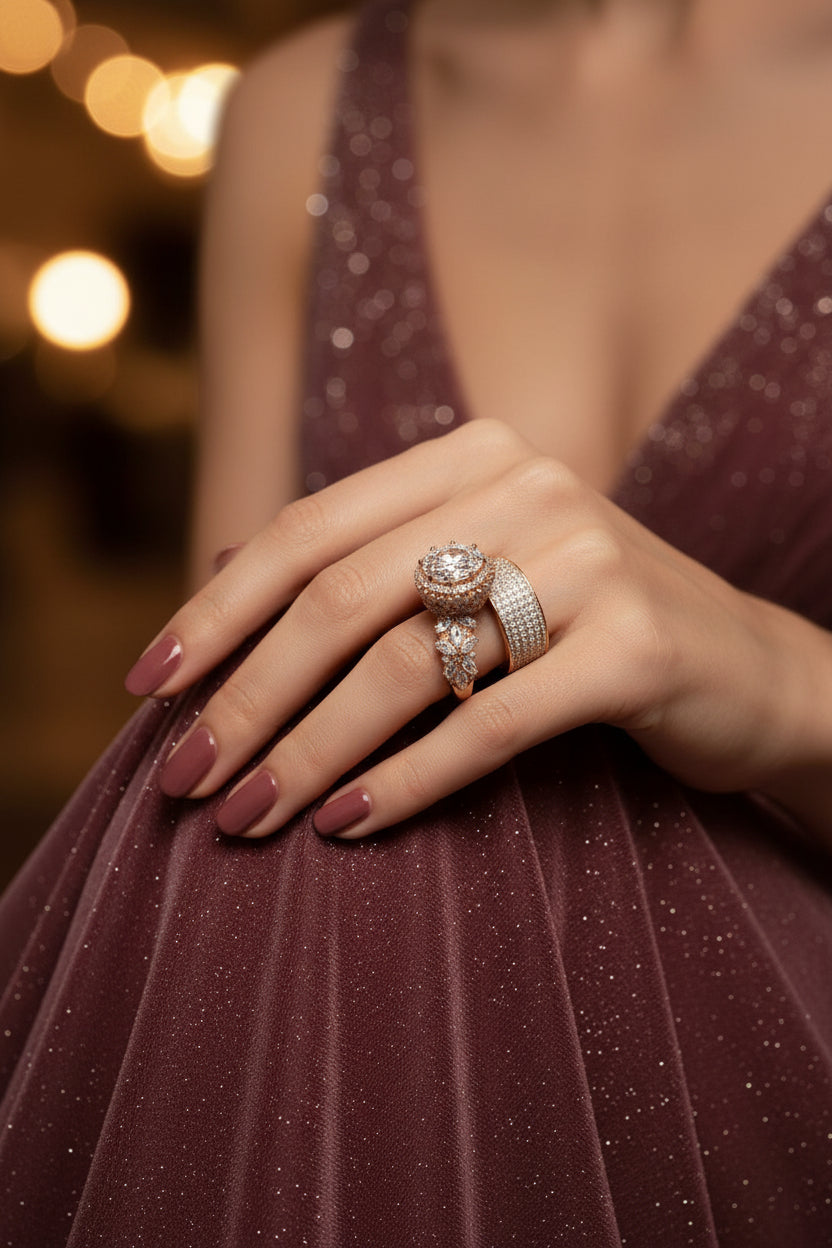 Diamond cluster ring with stacked pavé bands on a finger