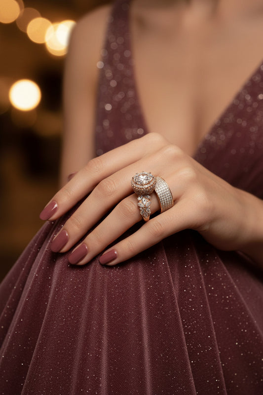 Diamond cluster ring with stacked pavé bands on a finger