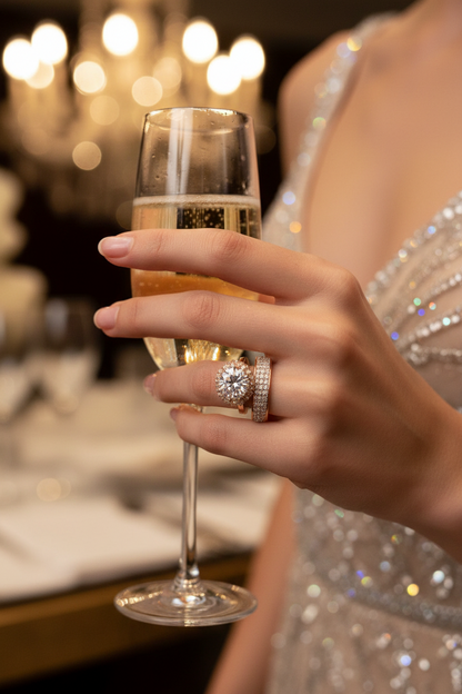 Diamond-style ladies ring with large round center stone and sparkling pavé halo