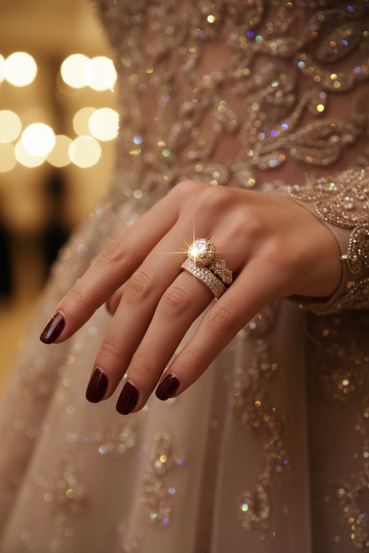 Cluster diamond ring with round center stone on pavé band