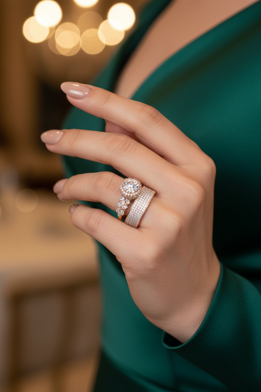 Diamond-style ladies ring with round pavé setting and double-stacked band
