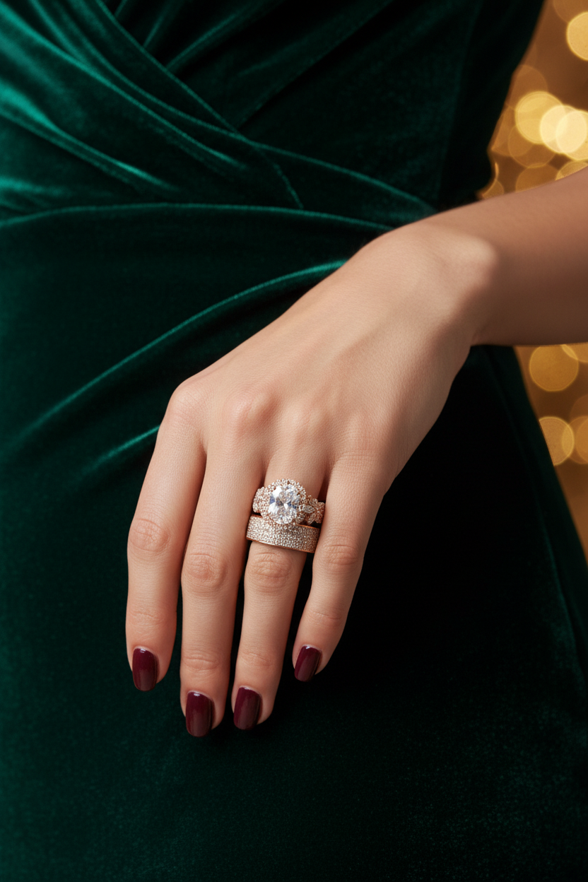 Square-cut diamond cluster ring with pavé band