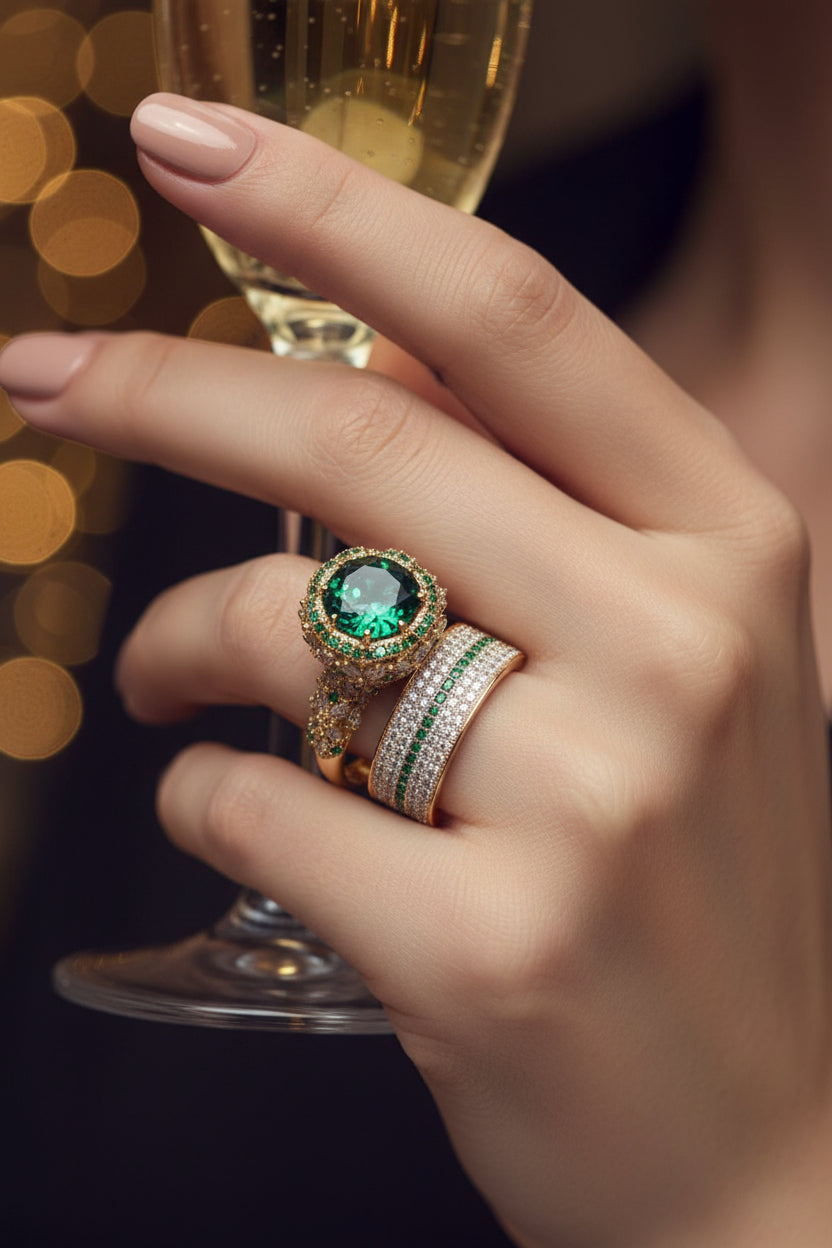Green gemstone ring with pavé band and emerald-cut center stone
