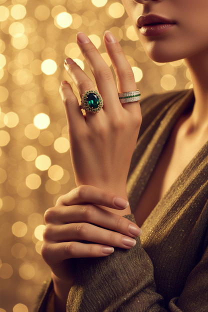 Green gemstone ring with diamond halo on a slim pavé band