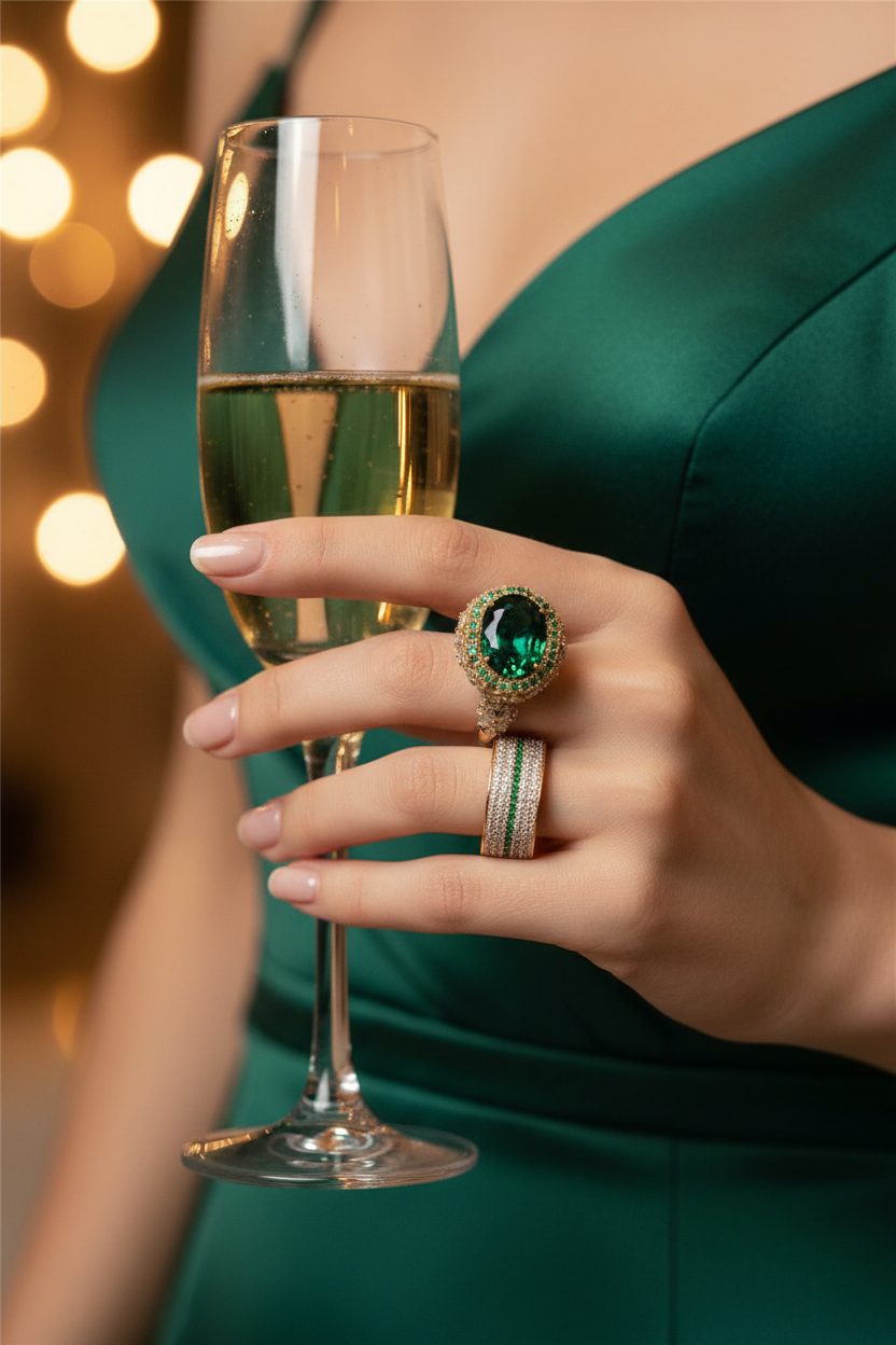 Green gemstone ring with diamond halo and matching pavé band