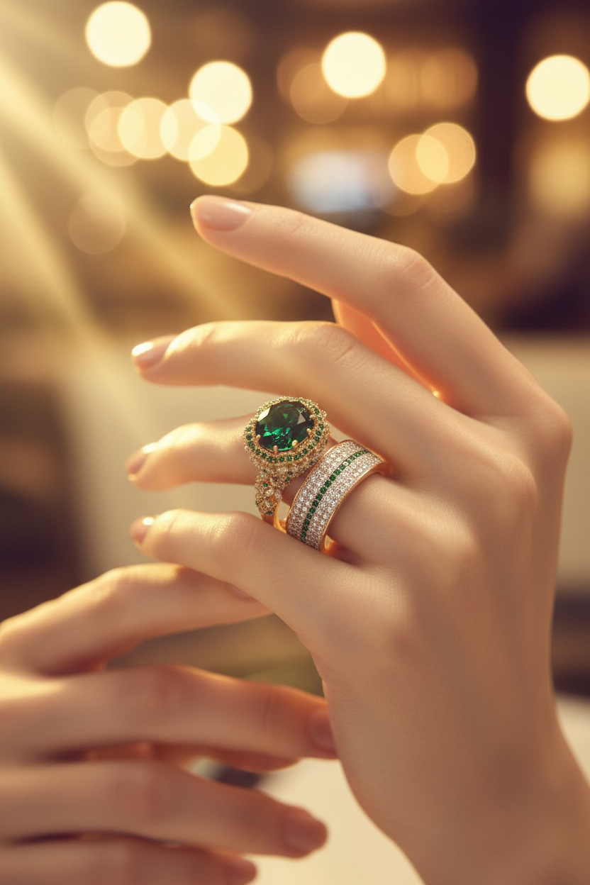 Green gemstone ring with round diamond halo and stacked pavé bands