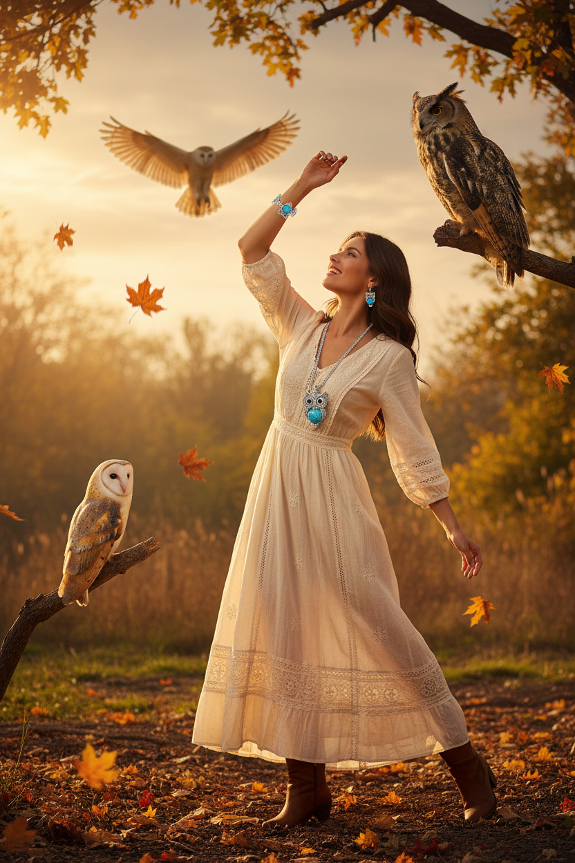 Owl pendant necklace set with turquoise stones and matching earrings and bracelet