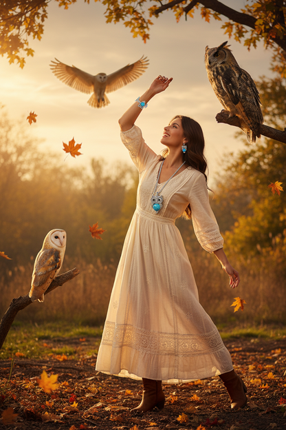 Owl pendant necklace set with turquoise stones and matching earrings and bracelet