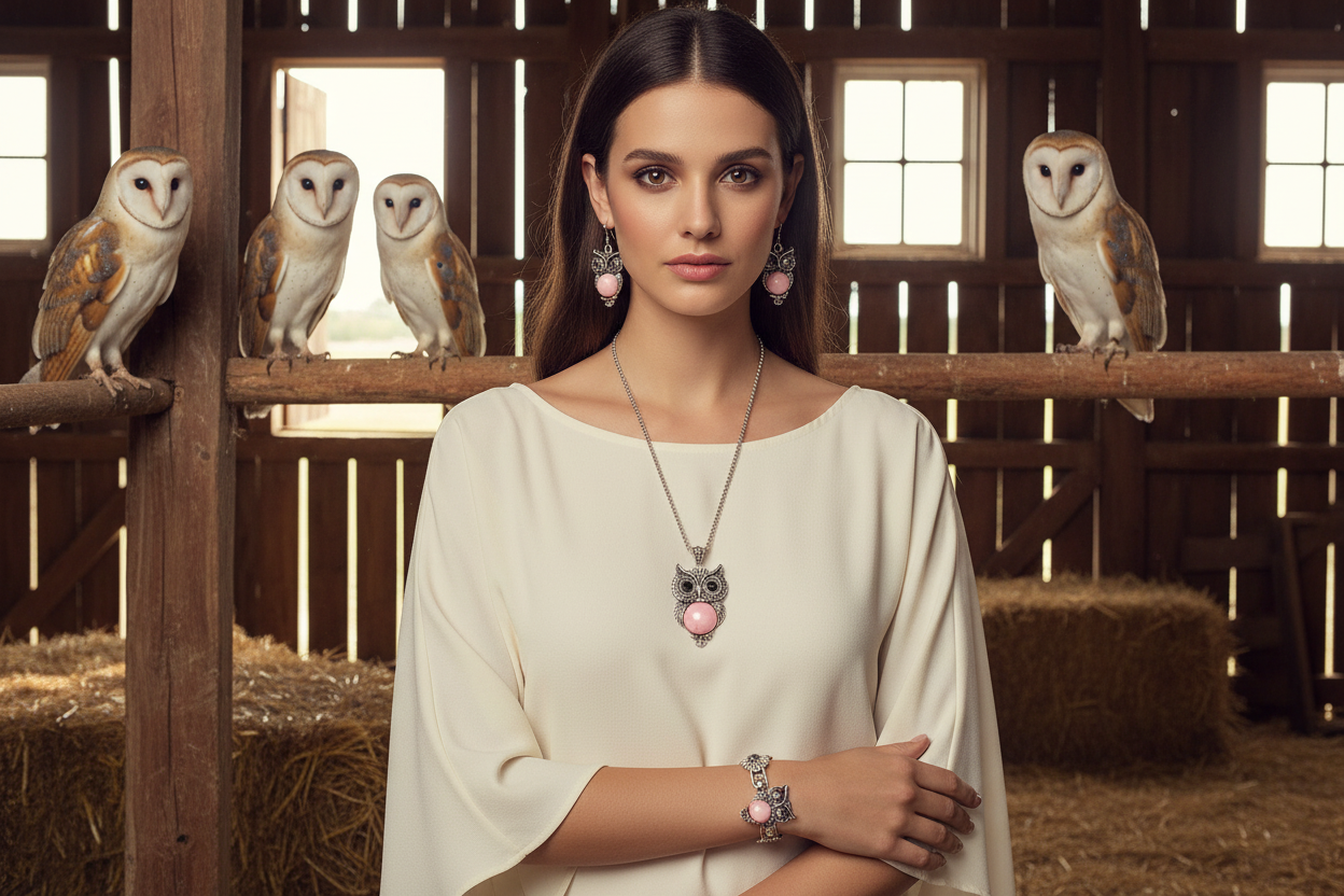 Owl pendant necklace set with pink face stone, matching earrings and owl charm bracelet