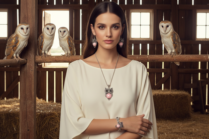 Owl pendant necklace set with pink face stone, matching earrings and owl charm bracelet