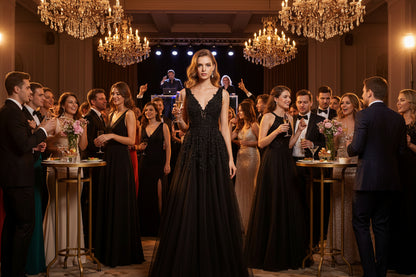 Black lace long evening dress with V-neckline and tiered full skirt
