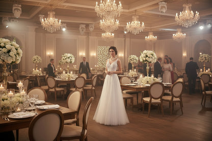 White lace long evening dress with sleeveless bodice and flared tulle skirt